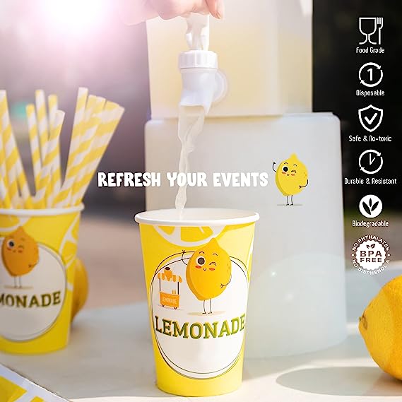 Eco-Friendly Paper Cups with Lids, Straws & Stands - 12oz Cups