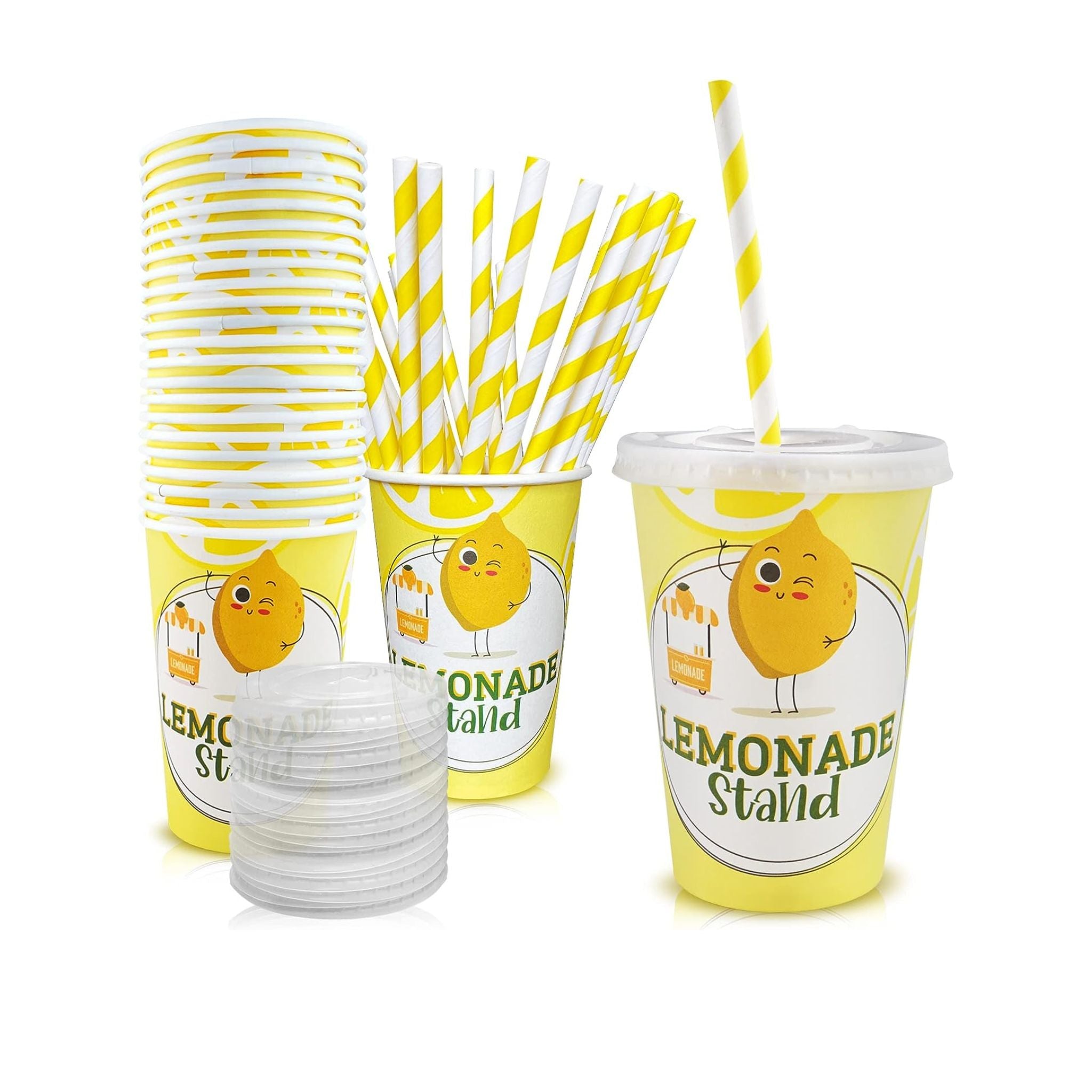 150 Pieces / 50 Sets 20 Oz Lemonade Cups with Lids and Paper Straws - Set  of 50 - Lemonade Stand Supplies For Kids and Adults