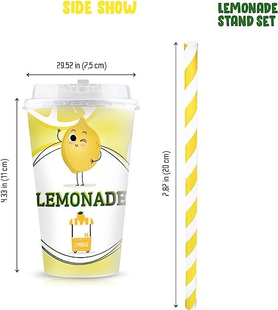 150 Pieces / 50 Sets 20 Oz Lemonade Cups with Lids and Paper Straws - Set  of 50 - Lemonade Stand Supplies For Kids and Adults